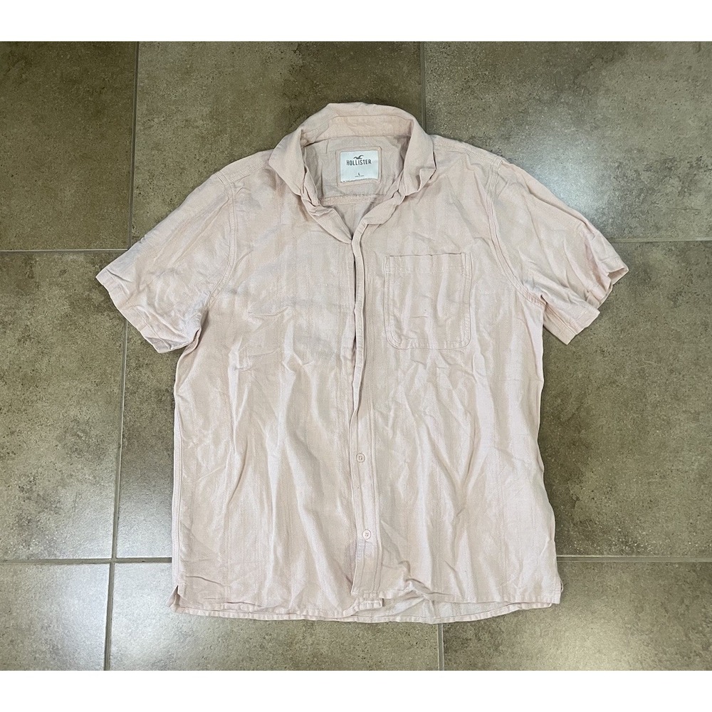 Hollister Mens Sz L Cotton Linen Blend Light Pink Button Down Short Sleeve Shirt